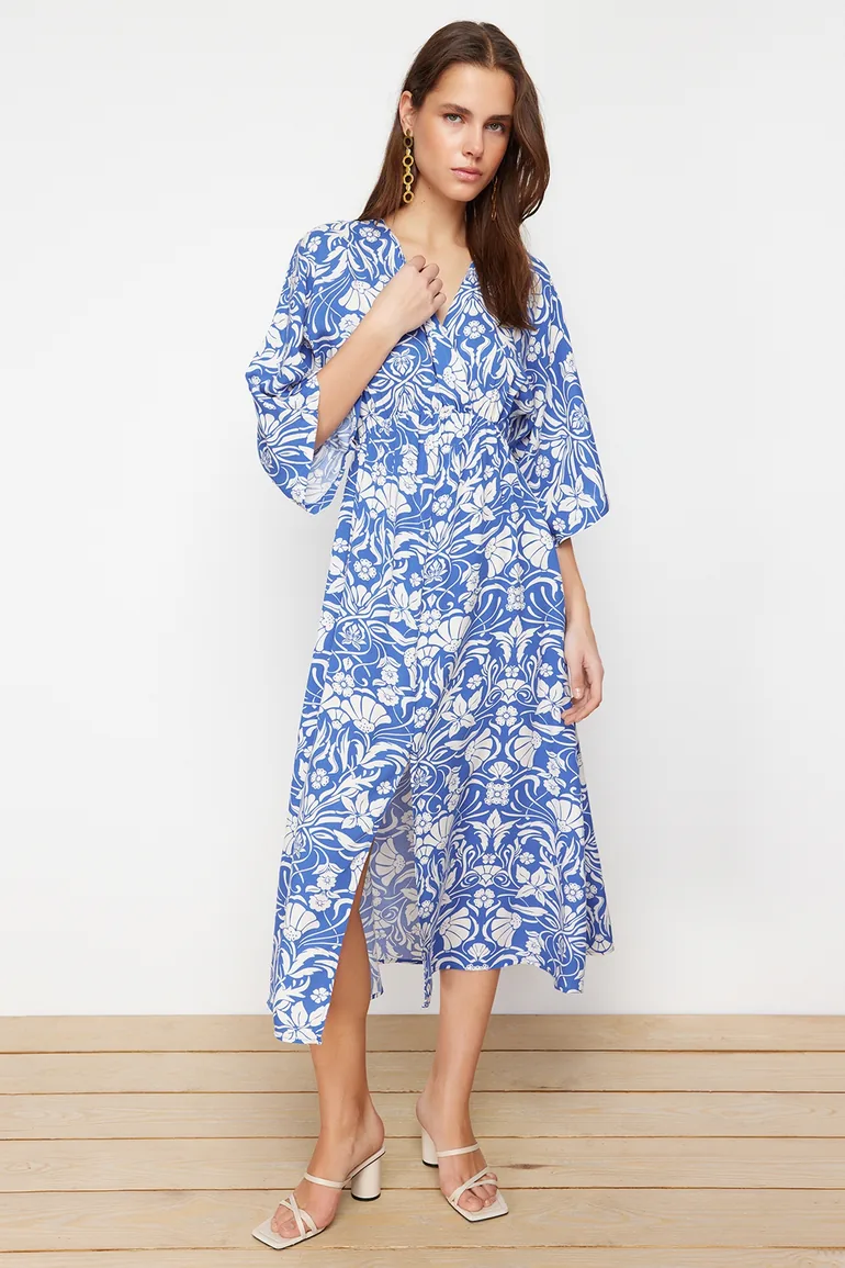 Saxon Floral A-line Floral Pattern A-Line Double Breasted Neck Shally Midi Dress - 1