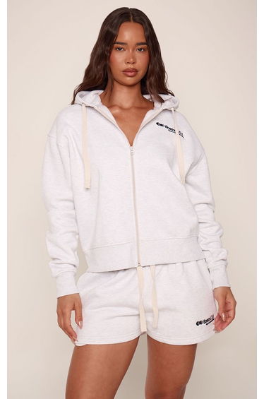 Ash Grey Boston Print Contrast Drawcord Zip Hoodie