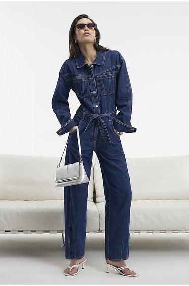 Blue Utility Belted Barrel Leg Denim Jumpsuit