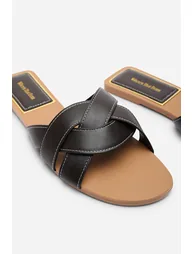 Elvira Braided Dark Brown Slide On Sandals With Contrast Stitching - 4