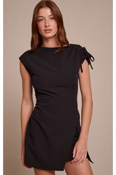 Black Button Detail Cap Sleeve Shift Dress