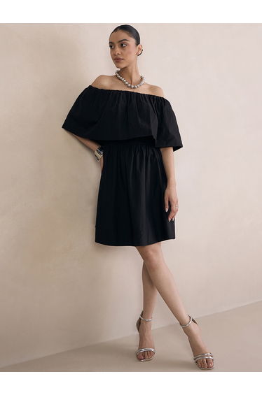 Poplin Off Shoulder Neck A-Line Mini Dress
