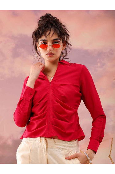 Women Red Regular Fit Top with Zip Closure