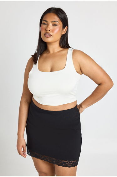 Plus Bengaline Lace Trim Mini Skirt - black