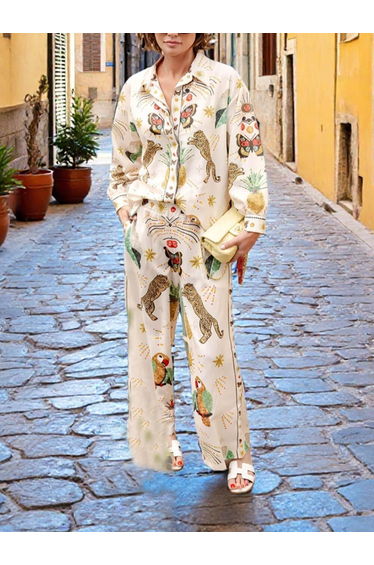 Fashionable Tiger Pattern Print Linen Loose Pocket Wide-Leg Pants