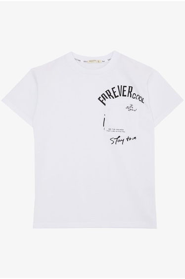Boys' T-Shirt with Printed Text, Pockets, White