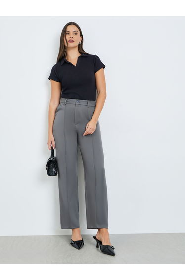 Grey Solid Straight Fit Trousers