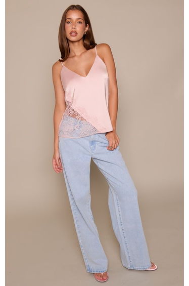 Light Pink Asymmetric Lace Trim Strappy Top