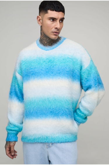 Tall Boxy Oversized Brushed Stripe Knitted Jumper - blue