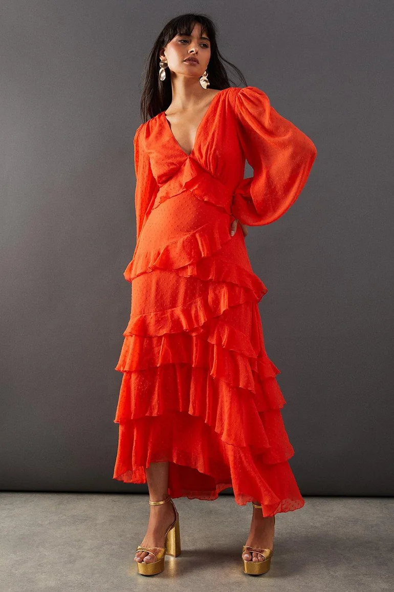 Shop Dobby Chiffon Ruffle Midi Dress Online in Bahrain