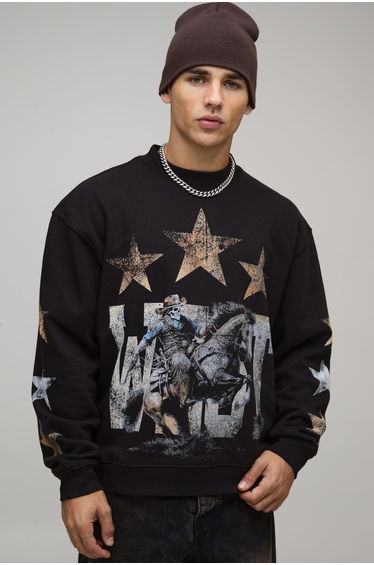 Black Oversized Boxy Western Print Extended Neck Sweatshirt - black