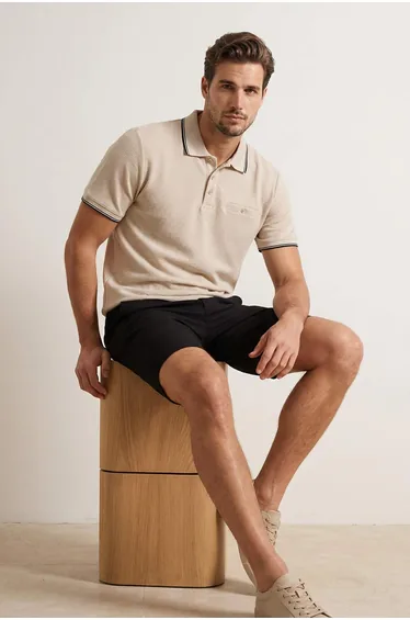Beige Regular Polo Neck Textured Polo Neck T-Shirt