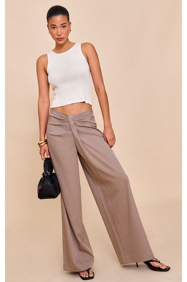 Taupe Tailored Drape Detail Dip Waist Trousers