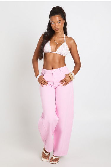 Mid Waist Twisted Seam Barrel Leg Jean - pink