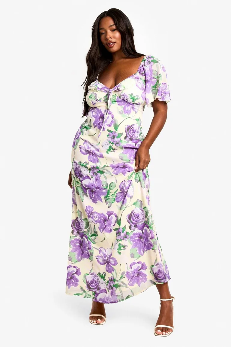 PLUS RUFFLE PRINTED FLORAL DETAIL SHORT SLEEVE PRINTED MAXI DRESS