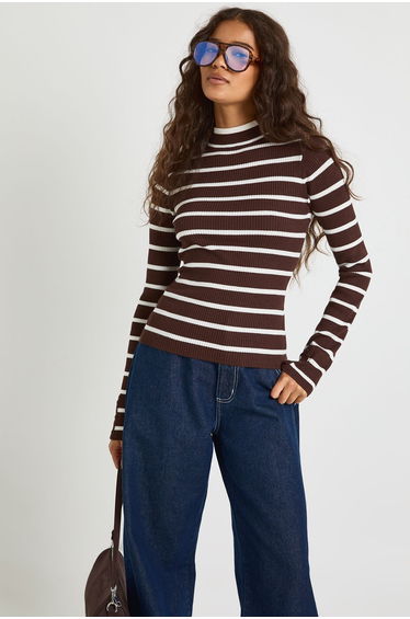 Stripe Long Sleeve Knit Top - chocolate