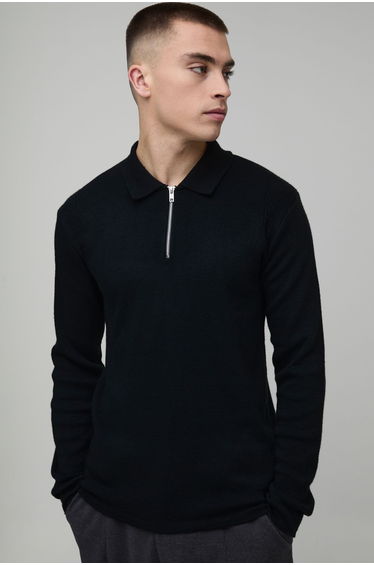 Muscle Fit Soft Touch Long Sleeve Knitted Polo - black