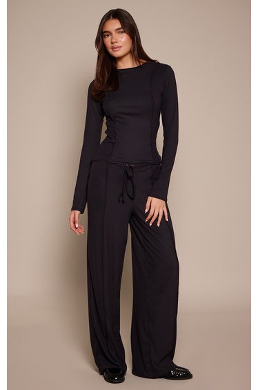 Black Seam Detail Cinched Waist Long Sleeve Top