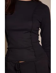 Black Seam Detail Cinched Waist Long Sleeve Top - 3