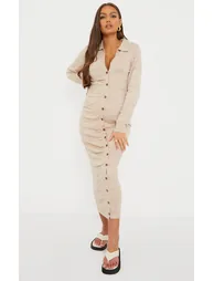 Maternity Stone Knitted Ruched Bump Midi Dress