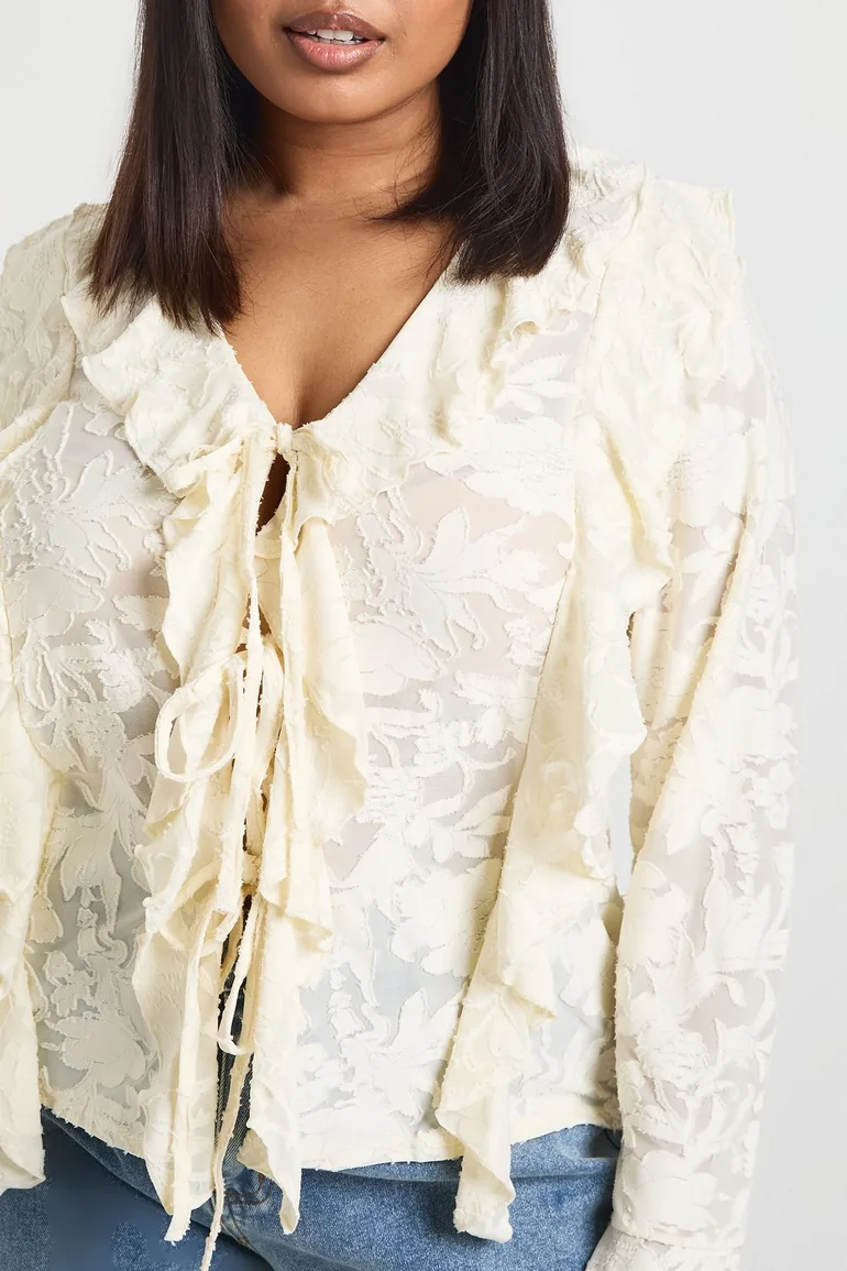Plus Burnout Double Ruffle Tie Front Blouse - ivory - 3