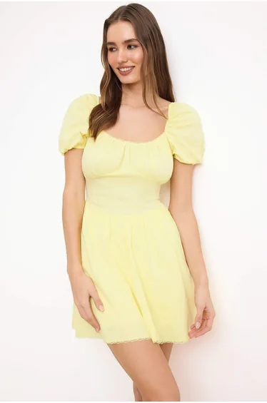 Light Yellow Straight Lace Detailed Short / Mini Woven Dress