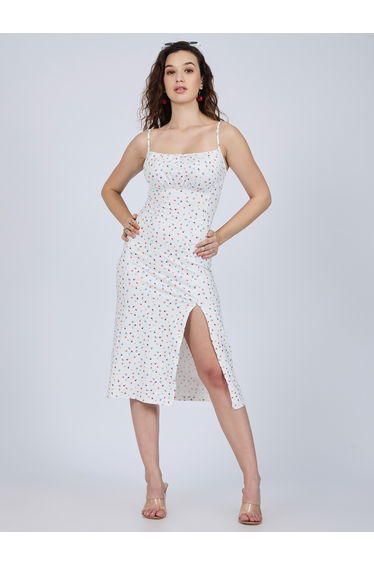 White Strappy Ditsy Print Midi Dress With Slit