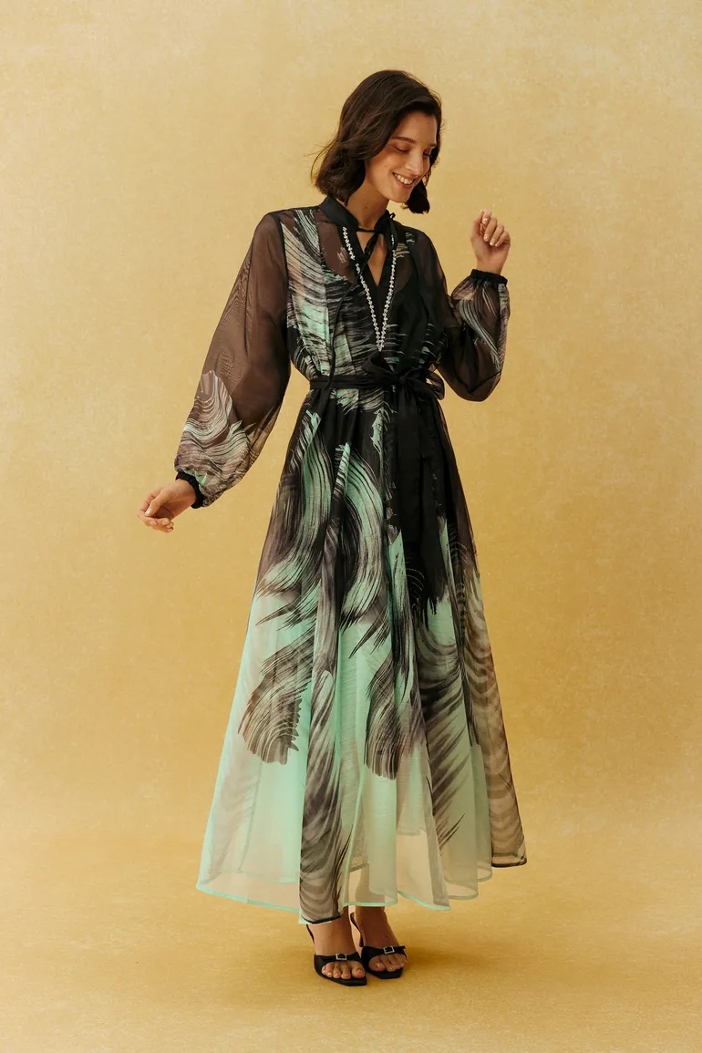 Earth Vibes Black Leaf Print Sheer Sleeve Maxi Dress - 5