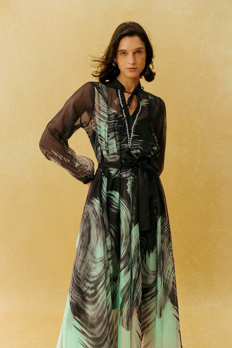 Earth Vibes Black Leaf Print Sheer Sleeve Maxi Dress - 8