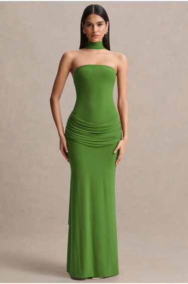 Graciella | Green Bandeau Maxi Dress With Draped Detailing And Scarf