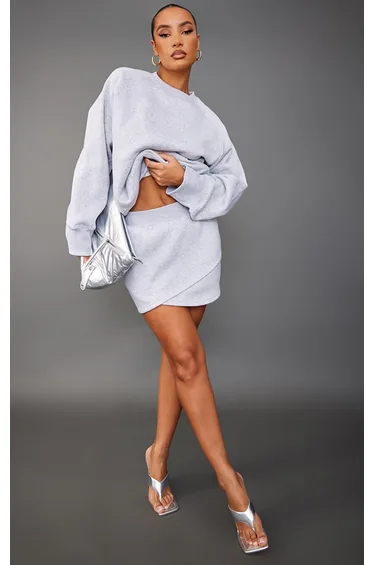 Ash Grey Wrap Over Sweat Mini Skirt