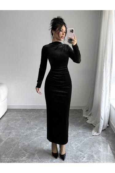 Velvet Look Fitted Waist Long Sleeve Maxi Dress