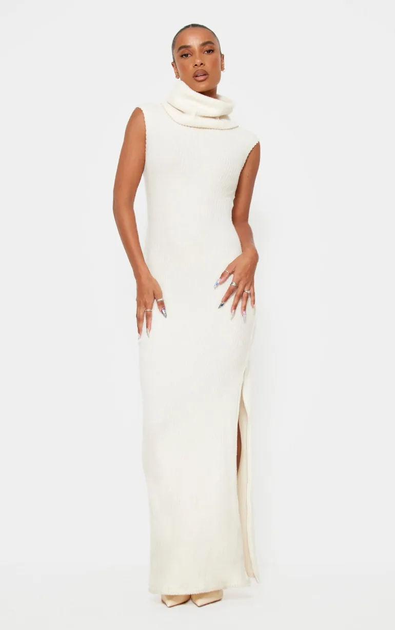 white christmas dresses Mystérieuse White Turtleneck Draped Maxi Dress main image 0