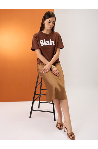 Brown Slogan Print Boxy Crop T-Shirt