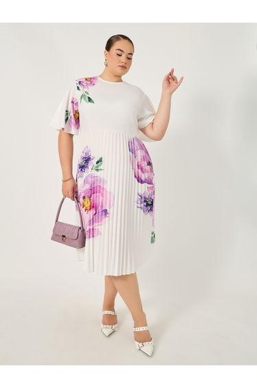 Plus Size Floral Print Pleated A-Line Midi Dress