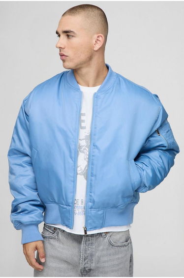 Oversized Boxy Curved Hem Nylon Bomber Jacket - blue