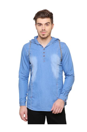 Men Blue Denim Hooded Shirt