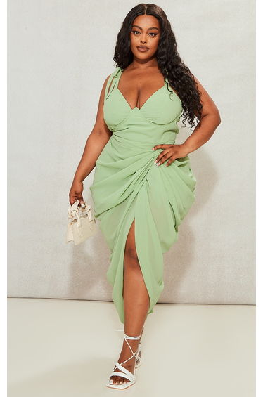 Plus Sage Green Underwire Detail Draped Midi Dress
