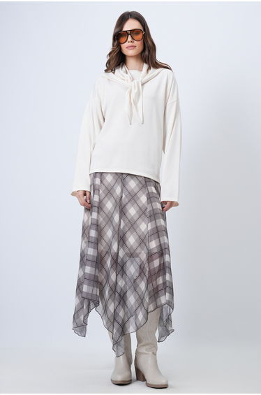Women's Ecru Crew Neck Knitted Blouse with Self Scarf Accessory
