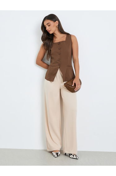 Women Brown Solid Square Neck Waistcoat