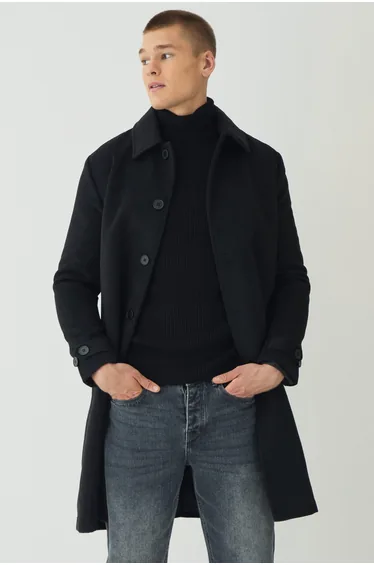Plain Collared Overcoat In Black - black