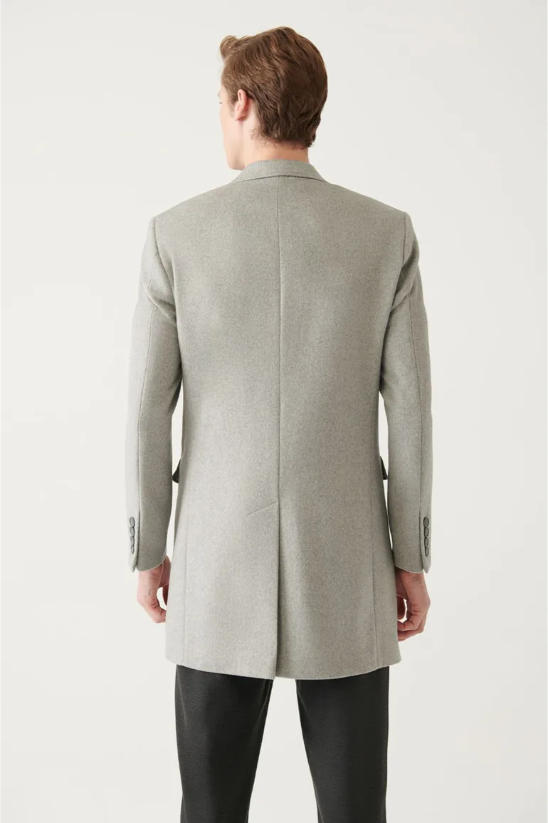 Men's Light Gray Slit Woolen Cachet Comfort Fit Comfort Cut Coat - 4