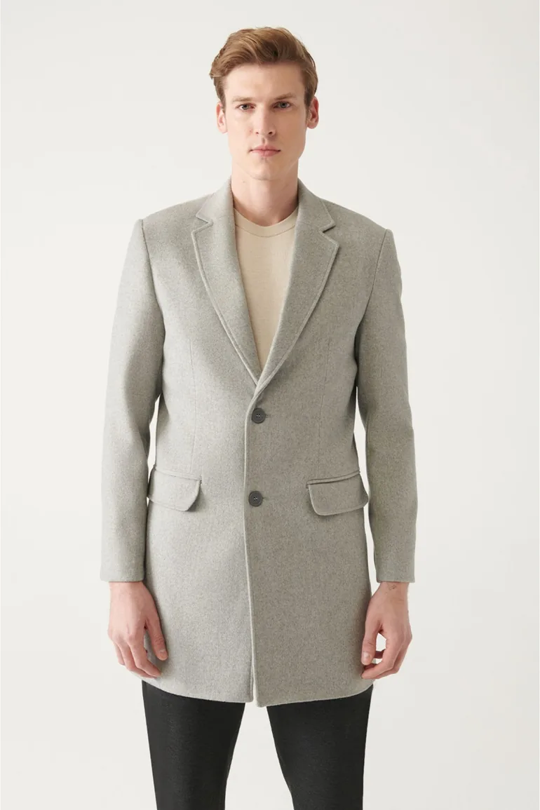 Men's Light Gray Slit Woolen Cachet Comfort Fit Comfort Cut Coat - 2