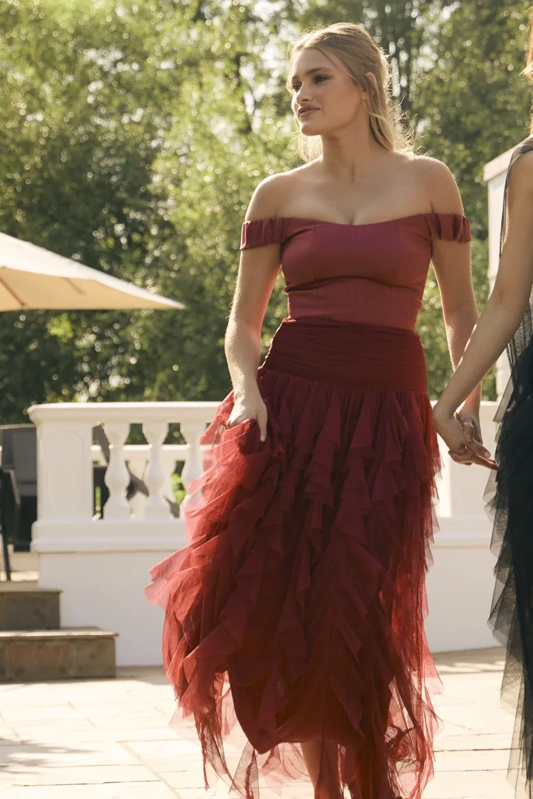 Shauna Off Shoulder Maxi Dress with Scarf in Raspberry