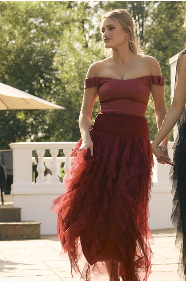 Shauna Off Shoulder Maxi Dress with Scarf in Raspberry