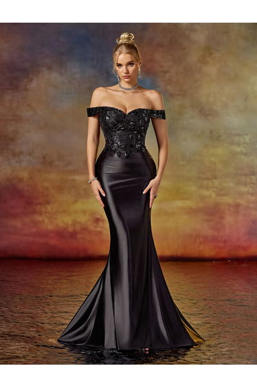 Leely Elegant Black Off-the-Shoulder Mermaid Gown with Beadwork