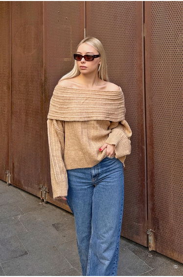 Mink Madonna Collar Open Shoulder Women's Knitwear Sweater