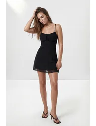 Black Mini Chiffon Bow Detail Woven Party Dress