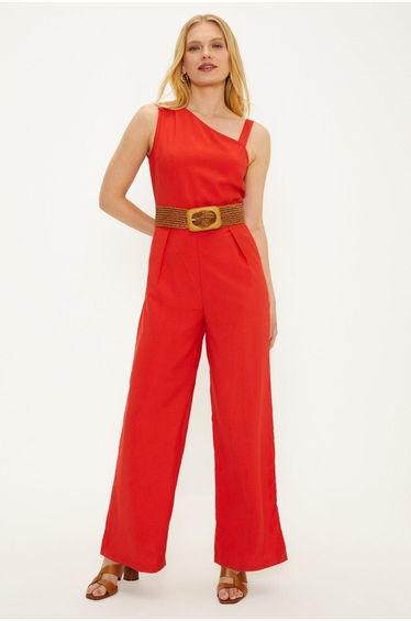 Linen Look Bead Detail Asymmetric Jumpsuit