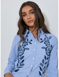 Blue Striped Cotton Shirt with Embroidery - 1